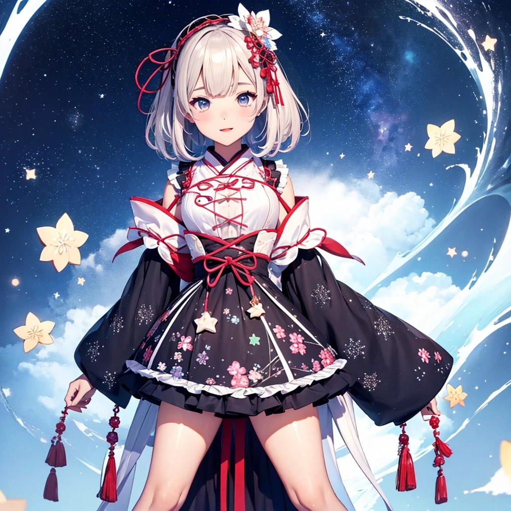 1girl、vtuber-fullbody、Star Fairy、masterpiece、official art、Super detailed、super beautiful、かわいいStar Fairy、white straight short hair、Milky Way、universe、star charm、star、baby face、Knee-high boots、Japanese pattern dress、A beautiful girl wearing black and white clothes that are a remake of a yukata.、universeを思わせるOiranフリルドレス、Oiran