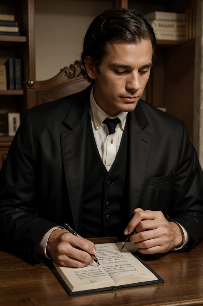 Make a vintage man writing a Nobel wearing black coat with a white vest underneath,