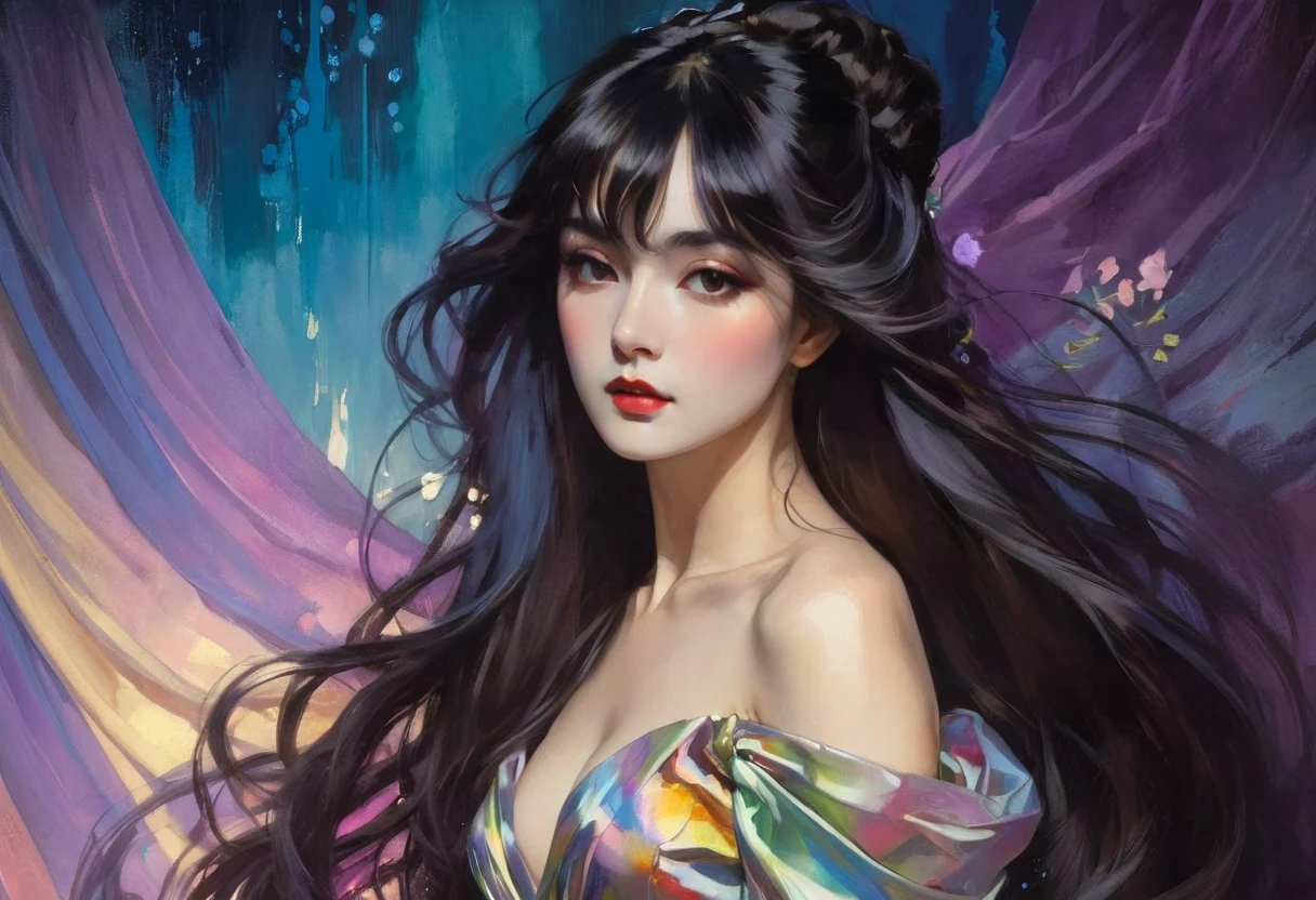 chiaroscuro technique on sensual illustration of an elegant queen (((long hair with bangs:1.4、Beautiful bangs) , vintage ,silky dress, matte painting, by John Singer Sargent, by Harumi Hironaka, abstract background, (upper body:1.5), Rainbow rain, highly detailed, digital artwork, high contrast, dramatic, refined, tonal, an intimate, seductive studio setting with a focus on sensuality and romance. Utilize soft, warm lighting that bathes the space in a gentle, inviting glow. Incorporate luxurious fabrics, plush furnishings, and a touch of decadence to evoke an opulent ambiance. The scene should exude an air of serenity and anticipation, inviting the viewer into a sensual and romantic space