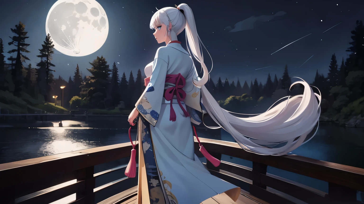 1girl, solo, long hair , looking at viewer, blue eyes, large breast, thick thighs, beautiful face, beautiful eyes, white kimono, white hair, ponytail, parted lips, forest, at night, moon light from behind, standing on a wooden bridge, full body, standing,