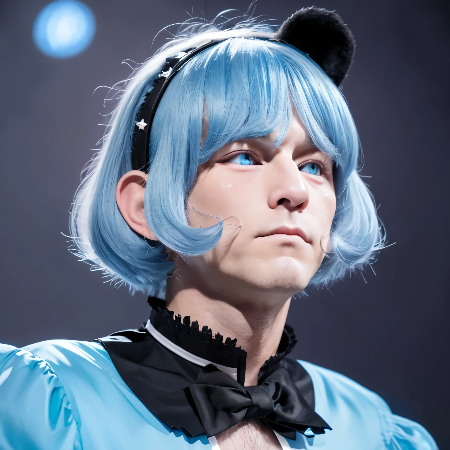 adult male Russian light blue hair Bob with 7:3 bangs A headband with black round cat ears on the sides of the face Three white eyes long eyelashes Three of the lower eyelashes are slightly longer high nose small mouth There are whisker-like lines on both cheeks. long sleeves long pants barefoot troubled face