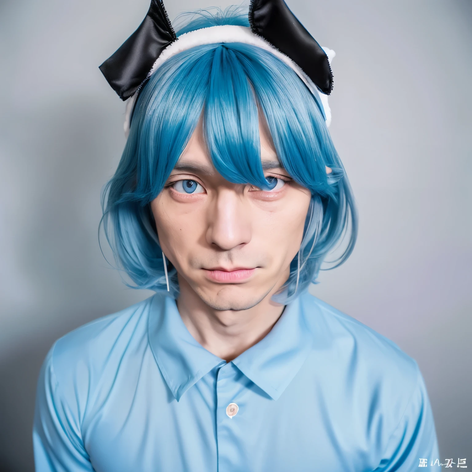 adult male Russian light blue hair Bob with 7:3 bangs A headband with black round cat ears on the sides of the face Three white eyes long eyelashes Three of the lower eyelashes are slightly longer high nose small mouth There are whisker-like lines on both cheeks. long sleeves long pants barefoot troubled face