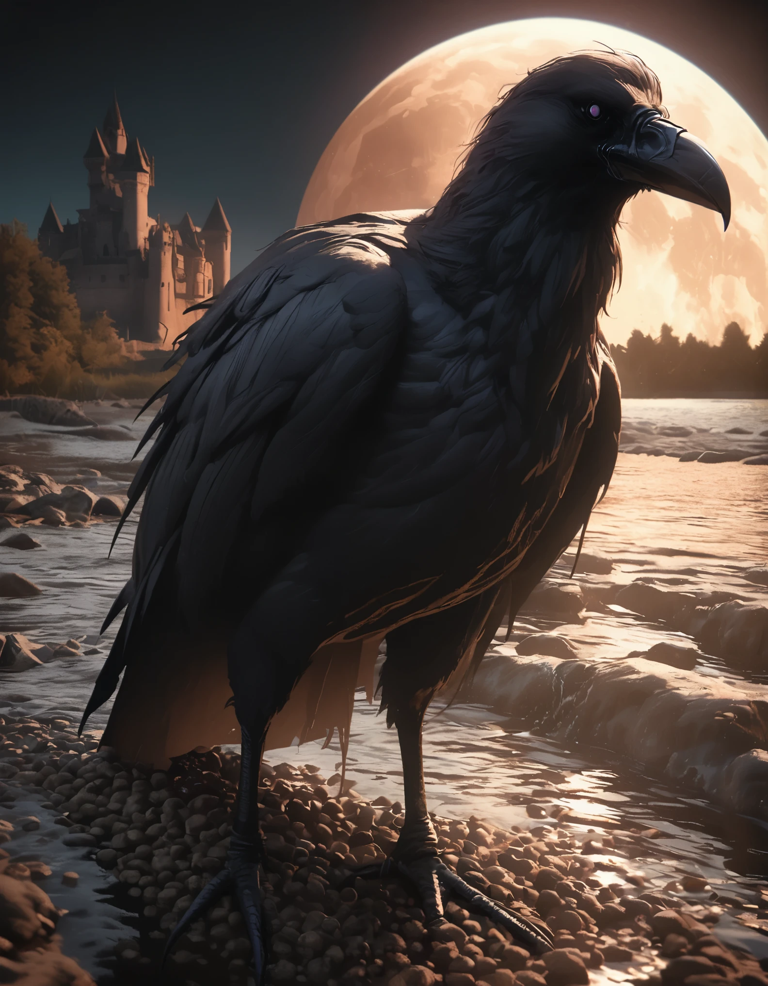 night,huge moon,Cool colors,Anatomy Drawing,Rich details,Crow with bloodshot eyes,standing water,gravel,full body portrait,Black castle background,Real light and shadow contrast,Realistic ray tracing,True light falloff,anti-aesthetic style,Poodlepunk,Snapshot aesthetic style , --q 2 --s 180 --ar 9:16 --v 6