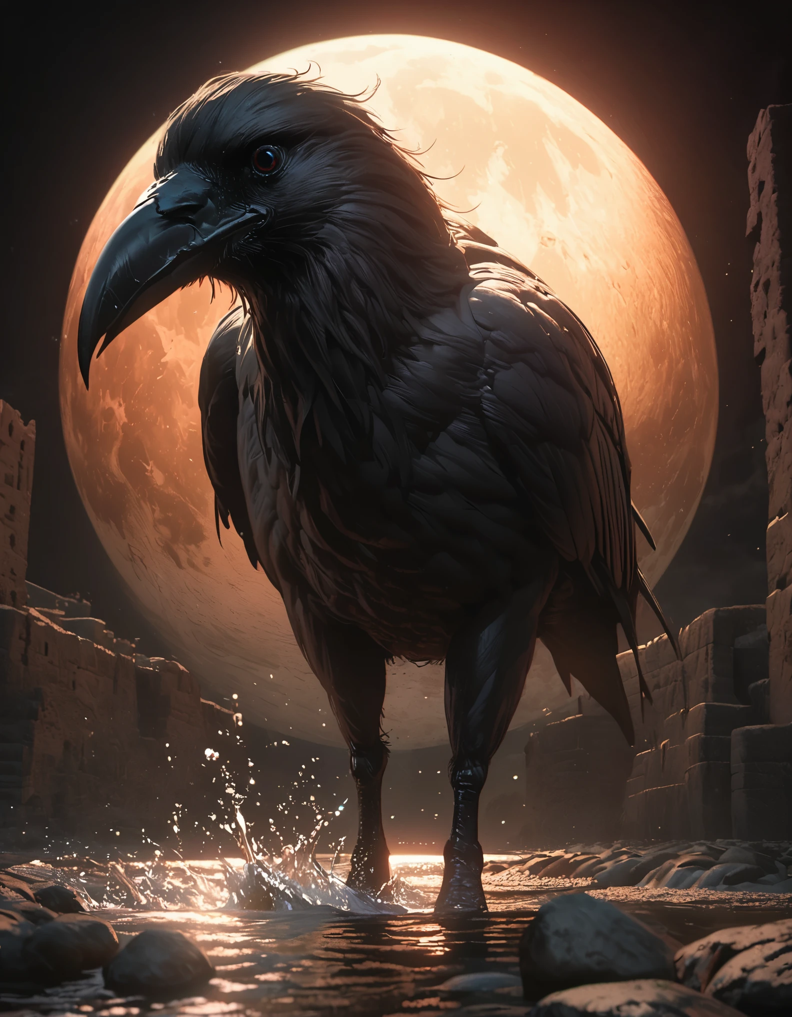 night,huge moon,Cool colors,Anatomy Drawing,Rich details,Crow with bloodshot eyes,standing water,gravel,full body portrait,Black castle background,Real light and shadow contrast,Realistic ray tracing,True light falloff,anti-aesthetic style,Poodlepunk,Snapshot aesthetic style