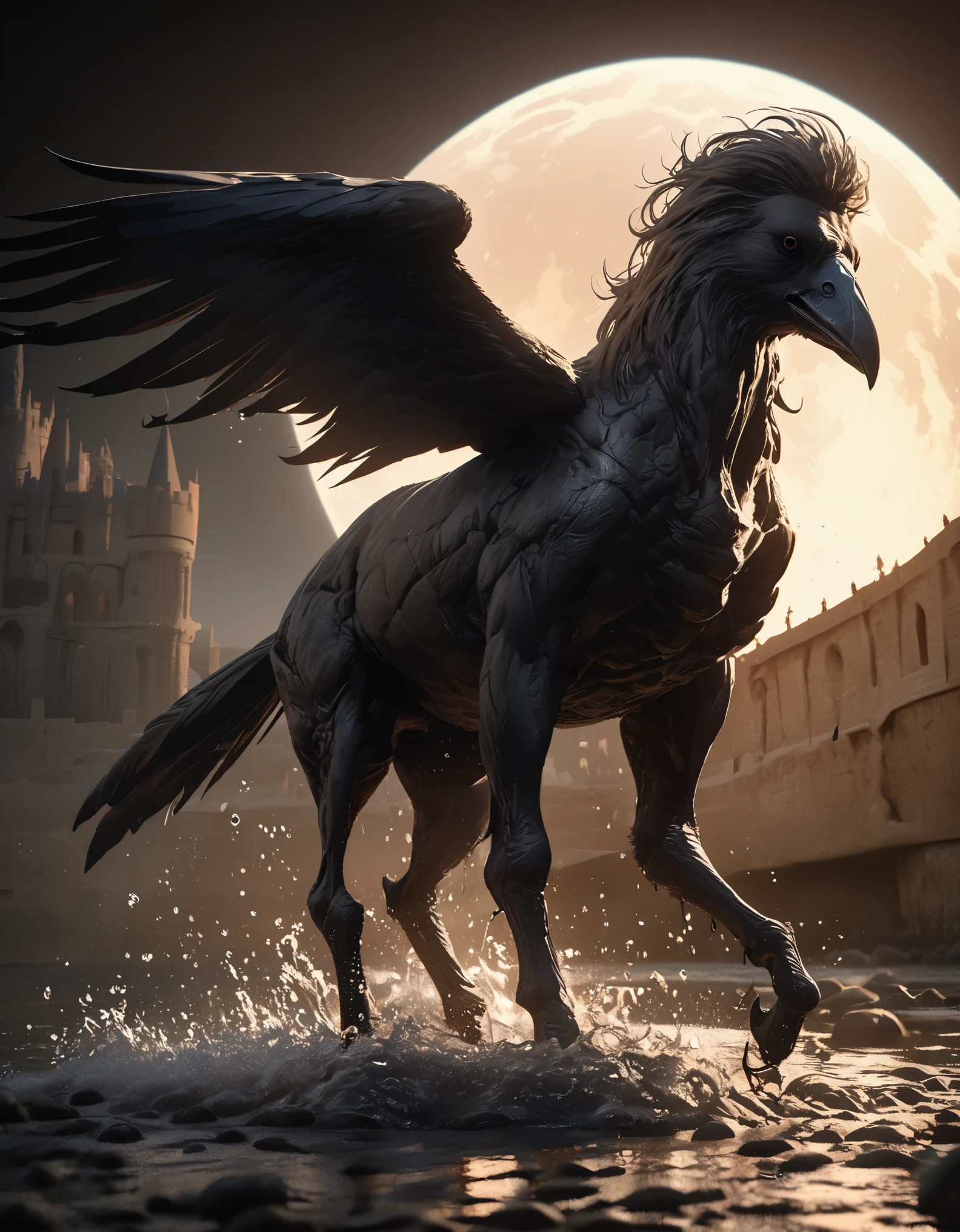 night，huge moon，Cool colors，Anatomy Drawing，Rich details，Crow with bloodshot eyes，standing water，gravel，full body portrait，Black castle background，Real light and shadow contrast，Realistic ray tracing，True light falloff，anti-aesthetic style，Poodlepunk，Snapshot aesthetic style 