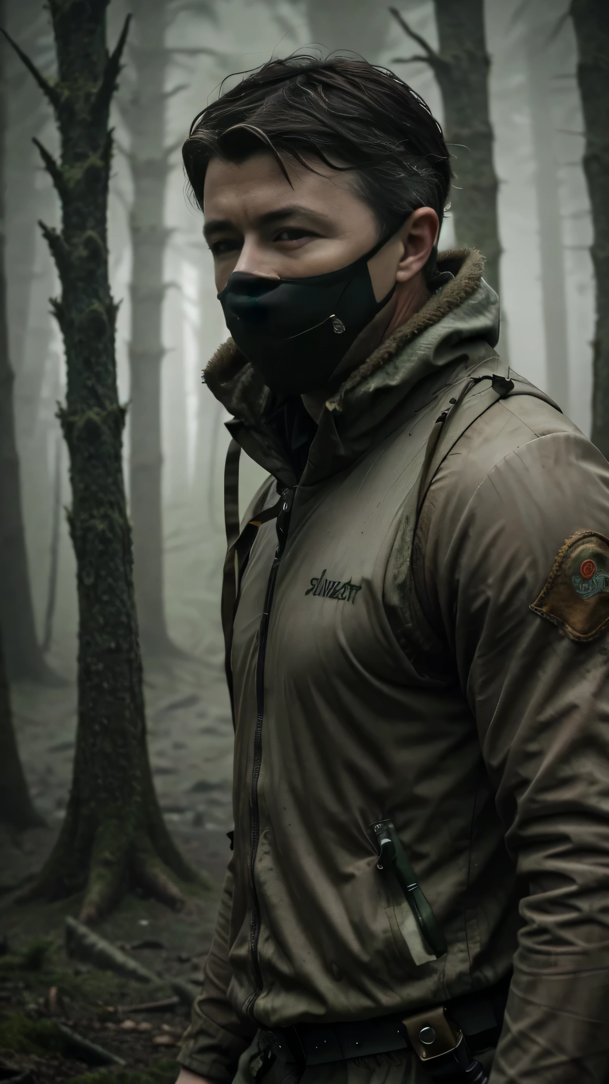 postapocalypse, ((Aidan Gillen)), running in the forest, ((silent hill)), ((smog)), ((fog)), ((ash)), 1man, solo, full body view, beautiful detailed glow, detailed, cinematic light, intricate detail, realistic, highres, detailed facial features, high detail, sharp focus, smooth, aesthetic, extremely detailed, stamp, octane render