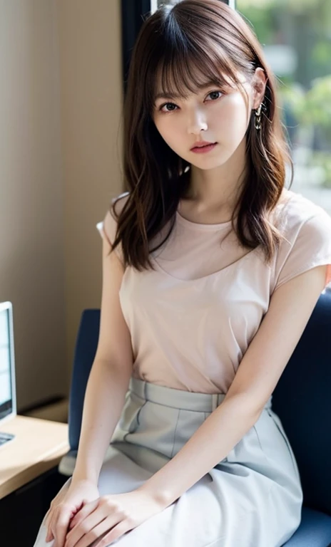 masterpiece、highest quality、16K、High resolution、UHD，Depth of the bounds written、very detailed、soft light、professional lighting、Pale shading、Weak contrast、Japanese、beautiful girl、Slender woman、daytime office、Window seat、sitting in front of the computer、Tight pastel colored ones that cling to the breastsＶneckＴshirt、navy pleated skirt、micro mooth and beautiful thighs:1.6）、(small breast:1.0)、Faint cleavage、fine and beautiful eyes、（hanging eyes）、（thin eyebrows）、（thin lips）、gentle smile、(long wavy hair、high ponytail),(The bangs are see-through bangs)、