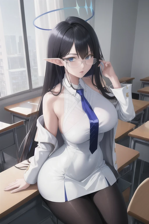 masterpiece, best quality, 1girl, solo, standing, rin, halo, sleeveless, necktie, white dress, pantyhose, mature female, parted lips, white jacket, glasses, wide hips, hand to own face, adjusting eyewear, classroom, looking at viewer, large breasts, legs, sitting,