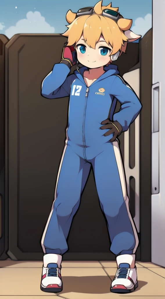 2D boy Shota,One-piece mountaineering suit,horns,cow ears,Put the headphones on your head,stood up,goggles,sports shoes,Slim,Smile