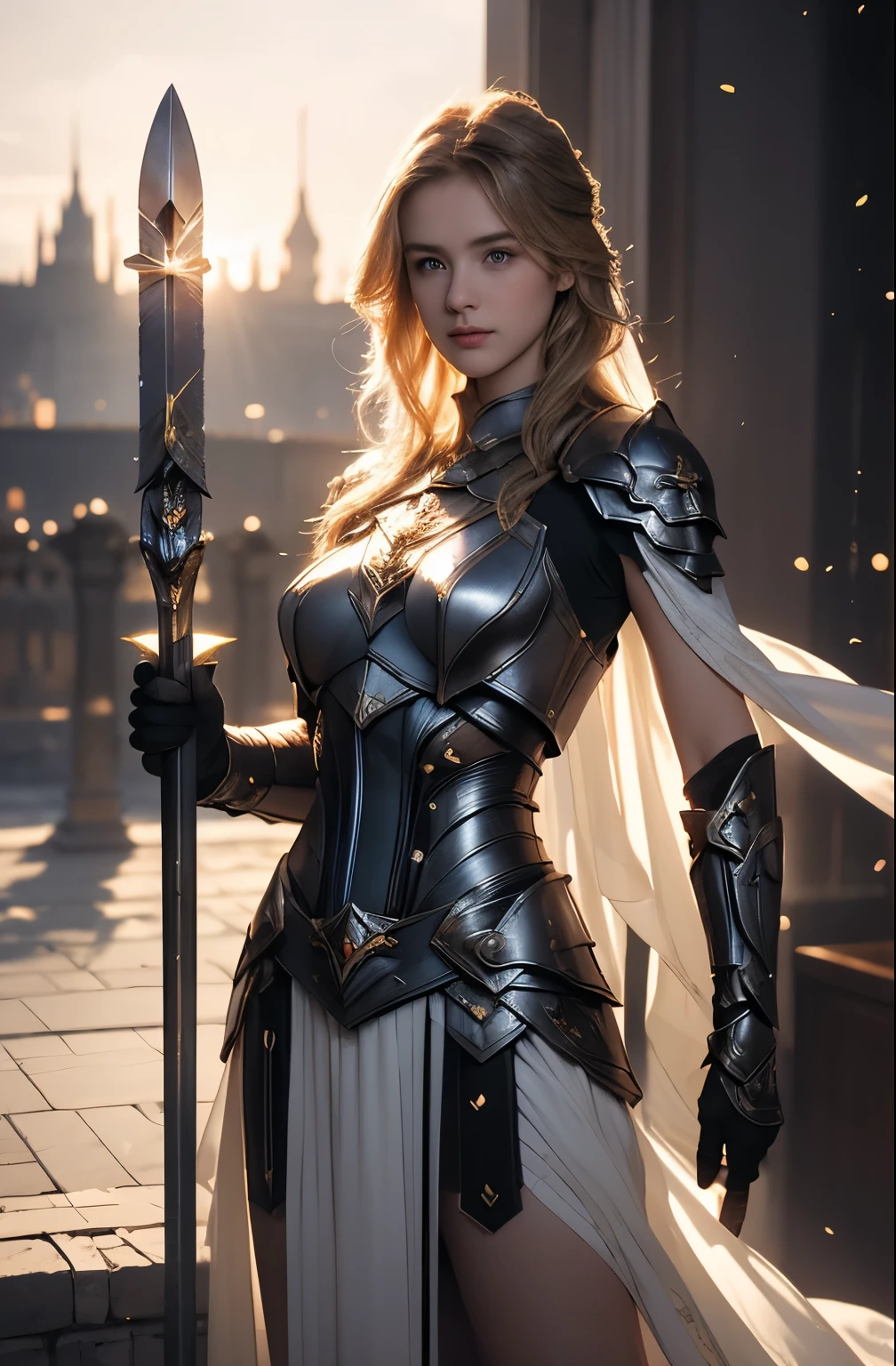 ((Super realistic photo)) ((super realistic photography)), (realistic) "Young paladin (************) wielding a sword imbued with radiant light, emanating potent light magic. The scene is set in a dark and mysterious cityscape, illuminated by the glow of the paladin's sword. The composition is expertly crafted, with breathtaking attention to detail and cinematic lighting. The overall aesthetic is reminiscent of Fujifilm photography, capturing the beauty and depth of the scene. Super huge breast, small waist"