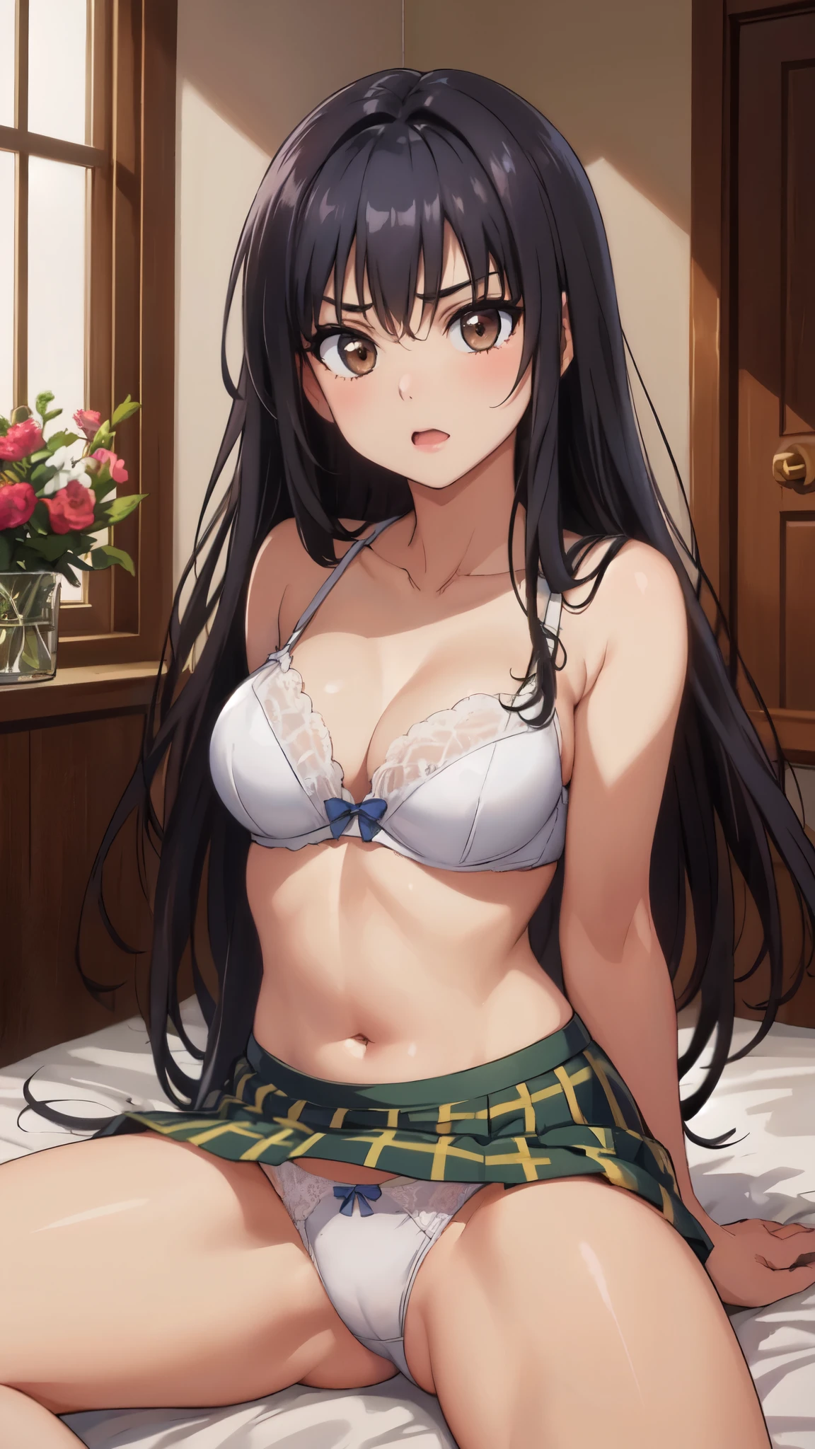 (masterpiece,Highest image quality,highest quality:1.3),(8k:1.4), defYui,,(slender:1.3),(skirt lift:1.3),(spread legs:1.3),looking away,light blush,glaring,(white lace underwear:1.3), plaid mini skirt,belly button, slender waist,(beautiful neck,beautiful clavicle:1.3),(brown eyes),big breasts, vivid color,(indoor, Bedroom;1.3), blue sky, sitting on the bed,(embarrassing), not looking at the audience, cowboy shot, head tilt