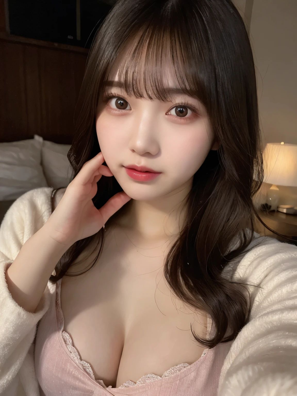 live-action、22 years old、The whole body is shown:1.2、muste piece, highest quality, illustration, super detailed, finely, High resolution, 8k wallpaper, perfect dynamic composition, i am a photographer, she is a model, detailed and beautiful eyes, fluffy pajamas、I can see the nipples:1.2、I can see your breasts,long hair, big breasts, natural color lip, random sexy poses