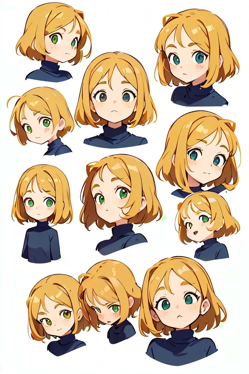 cabelo loiro amarelo,  pele clara, olhos verdes, moletom branco ((best quality)), ((masterpiece)), (detailed), ((5 different expressions)), ((uma personagem de corpo inteiro)), perfect chibi face