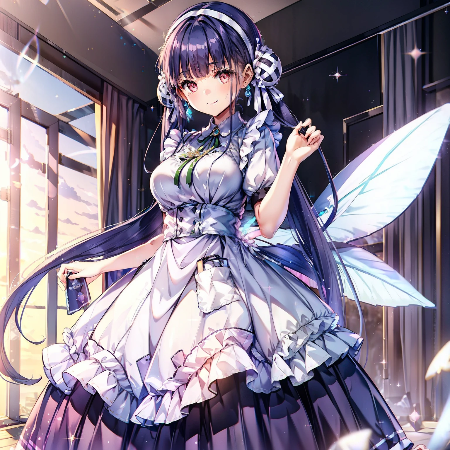 soft expression,((light smile,Happy:1.5))((Sparkling fluffy layered ball gown)),A big and beautiful dress inspired by roses, lots of flowers、frills、Intricate billowing ball gown with rhinestones ( table top, art station, fantasy art:1.2), See here,standing with an elegant smile,pastel colour,((giant white fairy wings))、hair blowing in the wind, wavy hair,fluffy hair,tiara, long eyelashes, beautiful eyes、pale pink cheeks,pointed ears, bright eyes, long and thin legs, golden hour, dazzling light, warm lighting,