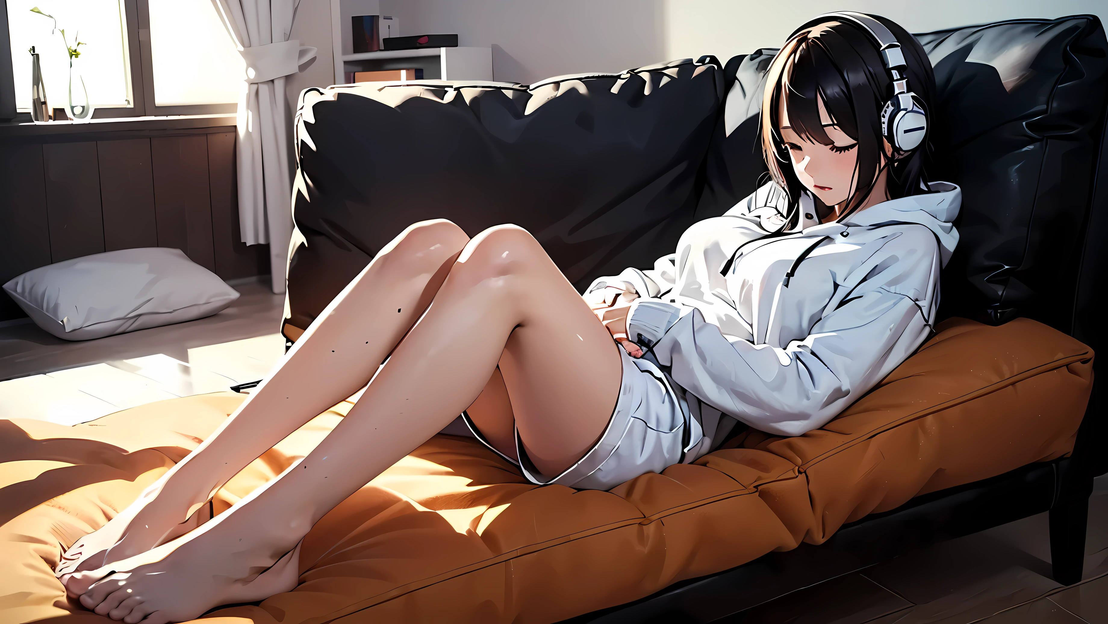 ((lone female)), late night, sleeping on couch, sleeping, ((alone)), long dark hair, cool woman, wearing white hoodie, night, stylish room, lying down, prone, pajamas, headphones off, legs stretched, relaxing, falling asleep,