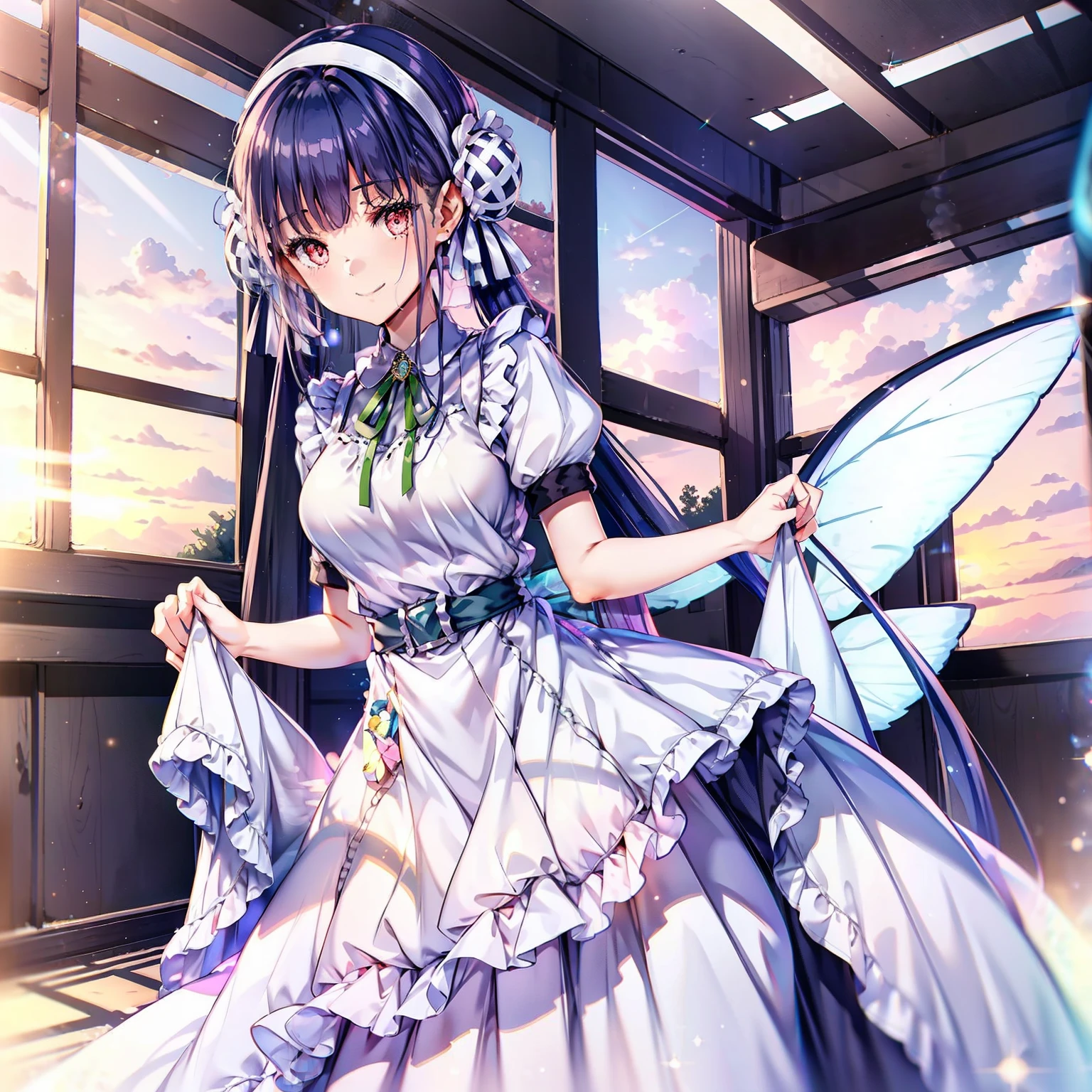 soft expression,((light smile,Happy:1.5))((Sparkling fluffy layered ball gown)),A big and beautiful dress inspired by roses, lots of flowers、frills、Intricate billowing ball gown with rhinestones ( table top, art station, fantasy art:1.2), See here,standing with an elegant smile,pastel colour,((giant white fairy wings))、hair blowing in the wind, wavy hair,fluffy hair,tiara, long eyelashes, beautiful eyes、pale pink cheeks,pointed ears, bright eyes, long and thin legs, golden hour, dazzling light, warm lighting,