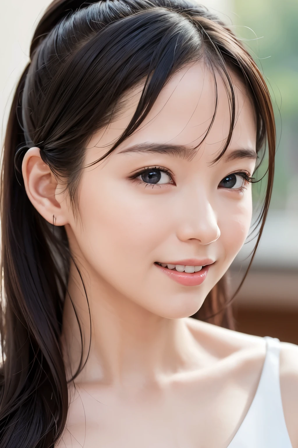 masterpiece、realistic、upper body girl portrait、beautiful face、Smiling cute、sharp focus、young woman、20th generation、8K post production、High resolution、Super detailed、Studio photography becomes a trend at Art Station、intricate details、very detailed、pure form、8K resolution、Her head is round and pretty, and her hair is tied up.