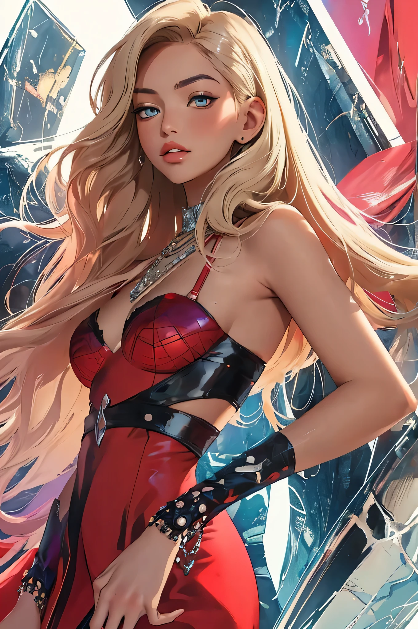 (masterpiece, top quality, best quality, official art, beautiful and aesthetic:1.2), young (1girl:1.3), (wearing torn red dress:1.3), (blonde:1.3) hair, long hair, (colorful eyes:1.3), extremely detailed, colorful, (highly detailed CG illustration), (looking at viewer), cinematic light, solo, half body, (character focus), ),Cath, extravagant makeup, full lips, sexy pose, clothes ASIDE , used condoms, partially naked, shiny skin, red lingerie