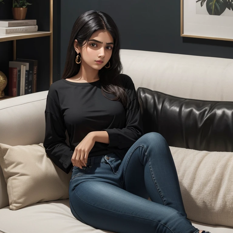 a 16 year girl seating on a sofa with a black jeans black top in back wall anita kumari written