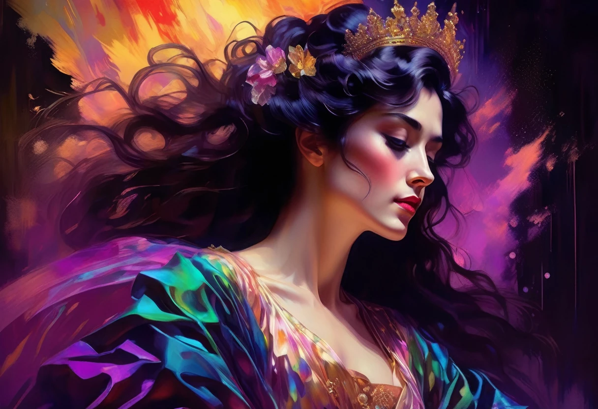 chiaroscuro technique on sensual illustration of an elegant queen (((long hair with bangs:1.4、Beautiful bangs) , vintage ,silky dress, matte painting, by John Singer Sargent, by Harumi Hironaka, abstract background, (upper body:1.5), Rainbow rain, highly detailed, digital artwork, high contrast, dramatic, refined, tonal, an intimate, seductive studio setting with a focus on sensuality and romance. Utilize soft, warm lighting that bathes the space in a gentle, inviting glow. Incorporate luxurious fabrics, plush furnishings, and a touch of decadence to evoke an opulent ambiance. The scene should exude an air of serenity and anticipation, inviting the viewer into a sensual and romantic space