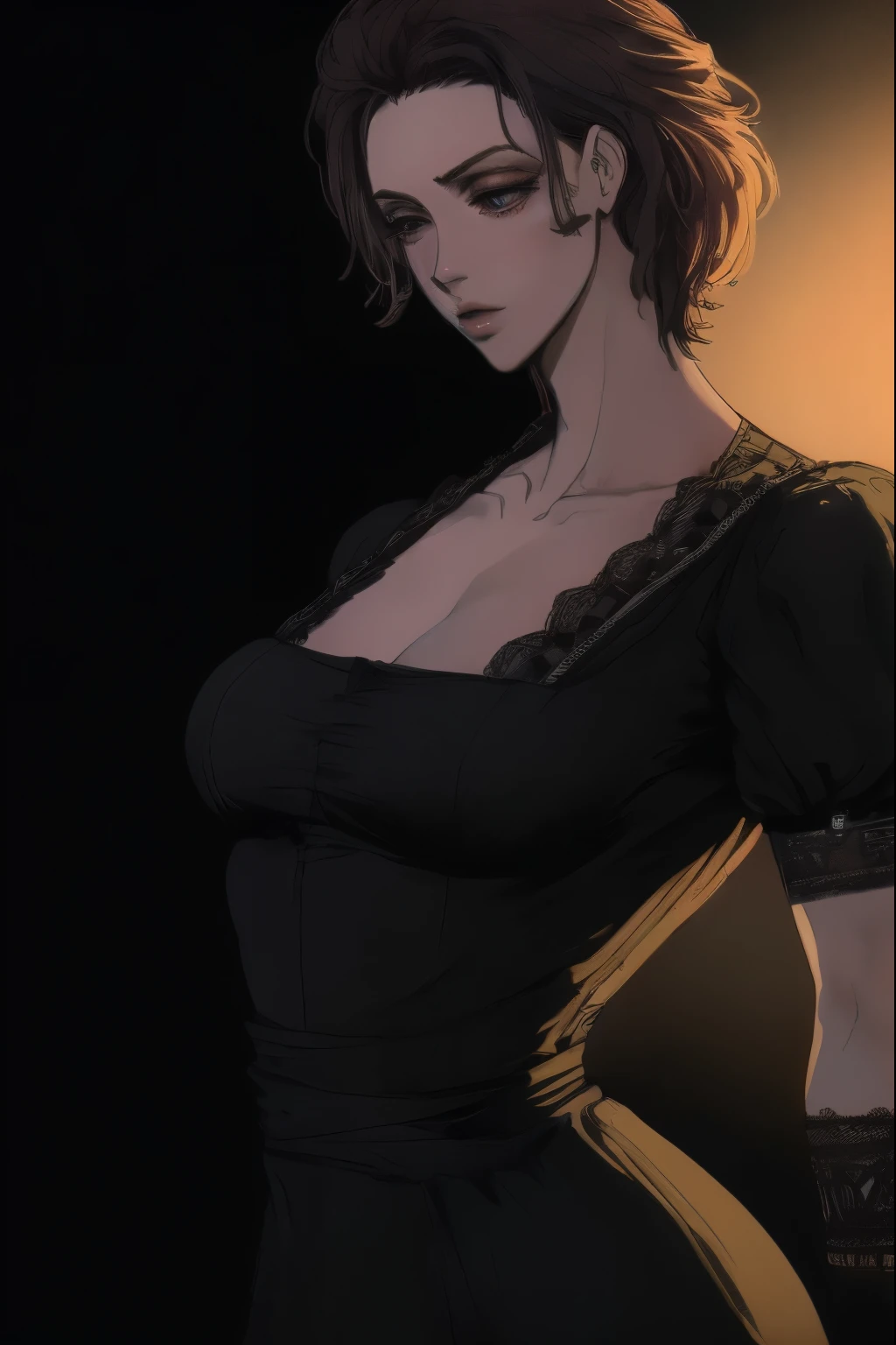 Photorealistic, mature female, (((in Italian Countryside))), (((wearing sexy little black club dress))), Detailed skin, detailed body, Natural Skin Texture, realistic skin, skin pores, intricate detail, raw photo, lifelike rendering, immersive atmosphere, chiaroscuro, moody lighting, perfect female body, ((mid shot)), Mesuki_Peropero