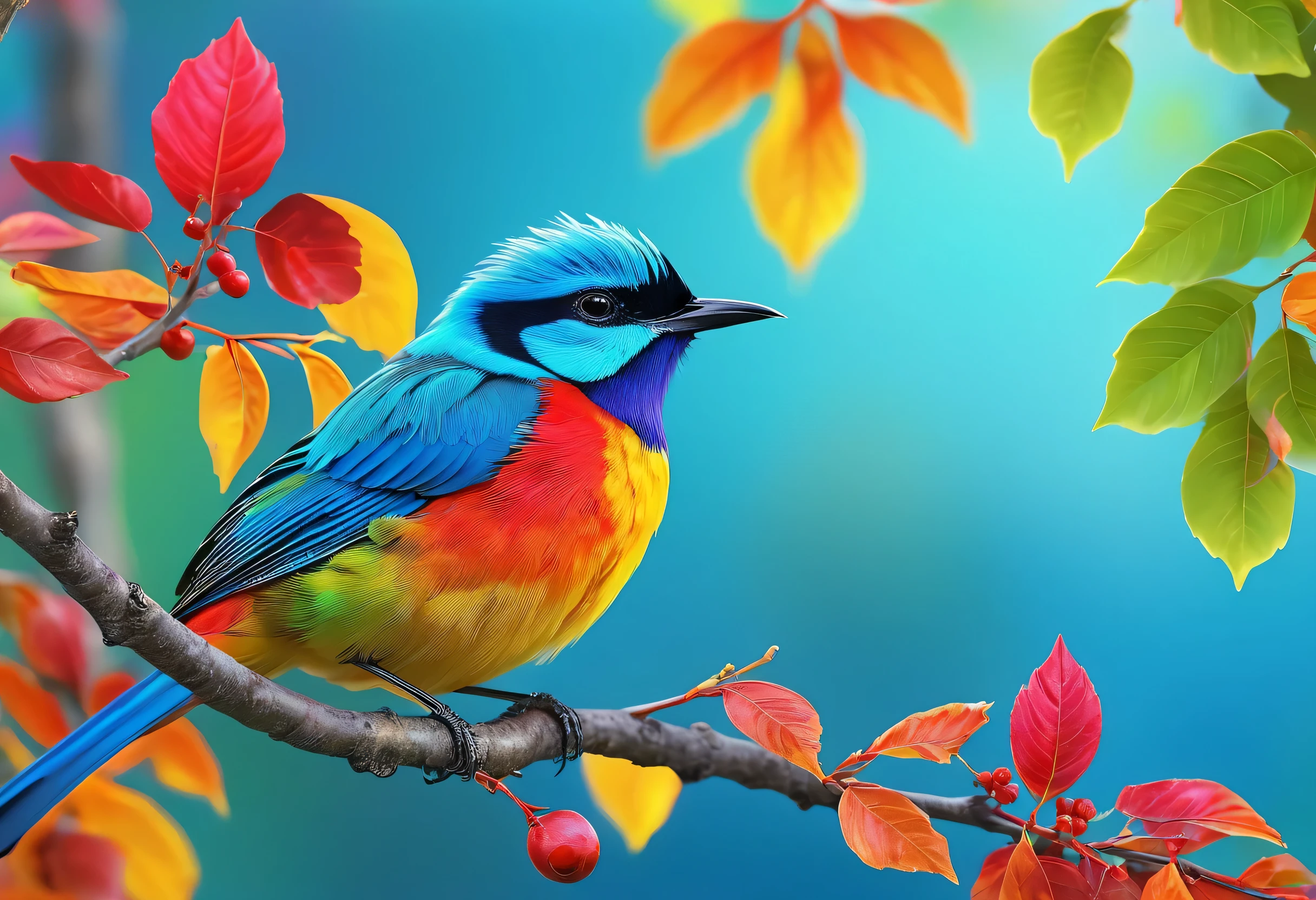 Brightly colored bird perched on a branch with leaves in the background, colorful hd images, Colorful 8 k, beautiful and colorful, Long colorful bird, 4K high-definition digital art, Beautiful art UHD 4K, Colorful 4K, beautiful colorful, painted in bright light blue, vivid realistic colors, Detail and vibrant colors, Multicolored birds, Beautiful bright colors