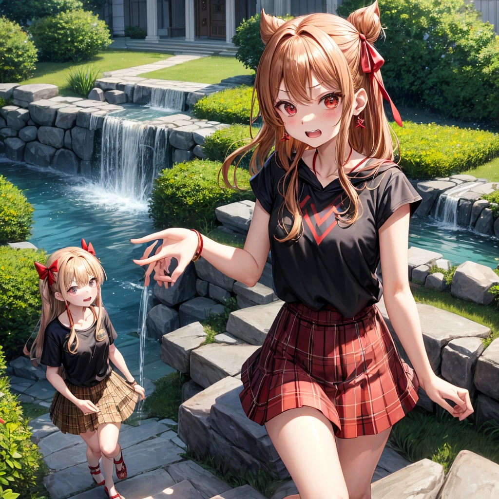 Brown, red, gold, golden hair、red eyes、one good looking girl、solo、anime、plaid mini skirt、black camisole、black t-shirt、hoodie、wearing a ribbon、ribbon at waist、Crystal Earrings、treasure石のネックレス、Light and shadow、Tilting face、teeth are visible、pillar、evil looking face、Kuroko、Diamond dust、grassland、Water running down the stairs、overflowing、Ants are walking、sulking、is increasing、treasure