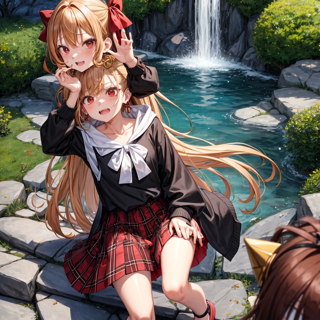 Brown, red, gold, golden hair、red eyes、one good looking girl、solo、anime、plaid mini skirt、black camisole、black t-shirt、hoodie、wearing a ribbon、ribbon at waist、Crystal Earrings、treasure石のネックレス、Light and shadow、Tilting face、teeth are visible、pillar、evil looking face、Kuroko、Diamond dust、grassland、Water running down the stairs、overflowing、Ants are walking、sulking、is increasing、treasure