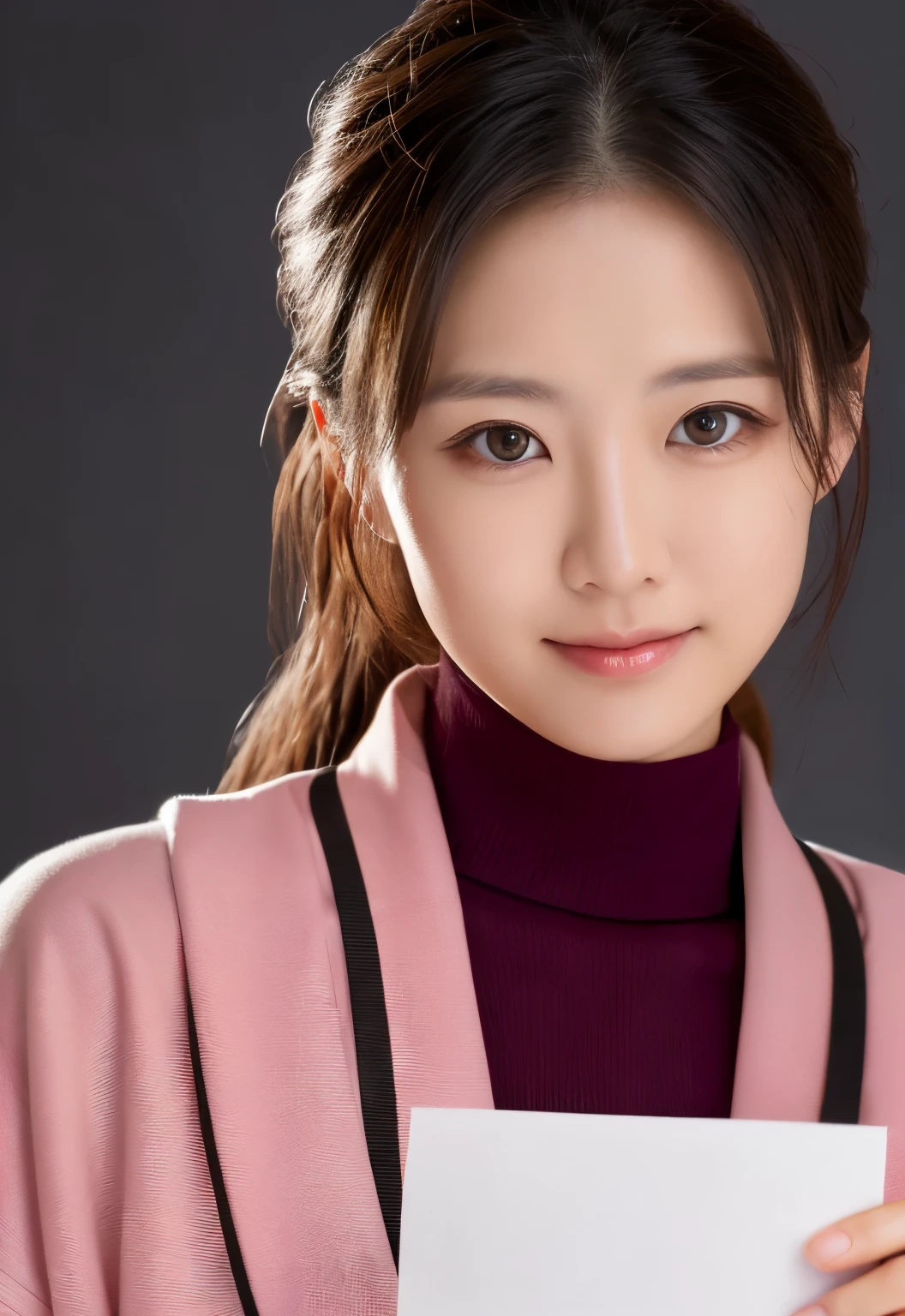 (highest quality, 4k, masterpiece: 1.3), ((highest quality)), ((masterpiece)), (be familiar with), A Japanese woman in her 30s holding a white piece of paper in front of her,A clean shirt,upper body close-up,background is white,Studio Lighting,zoom out