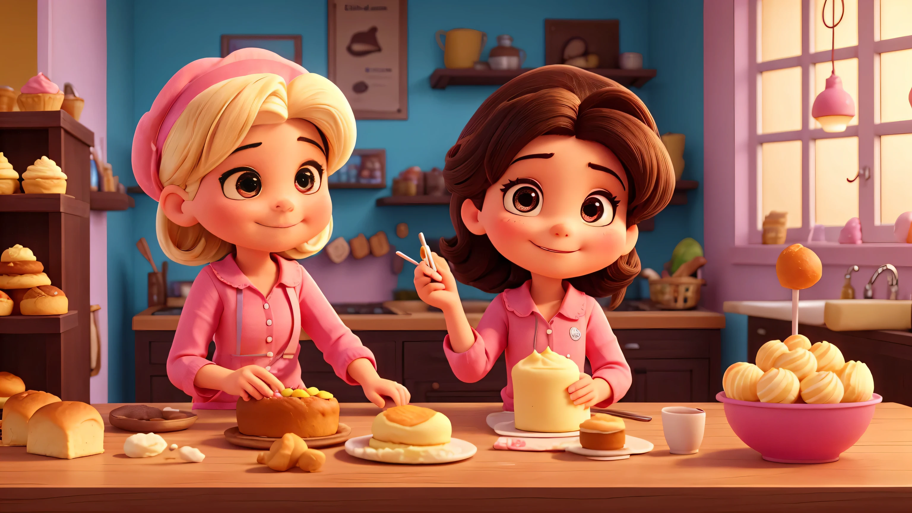 make a pixar:
uma linda senhora de 65 anos, gordinha, cabelos curtos e grisalhos, sorrindo alegremente com seu rosto feliz e iluminado pelo claridade do dia, olhando para frente, com grandes olhos negros, wearing a pink shirt and a white icing cap.
A beautiful glass counter containing different types of colorful and delicious sweets such as cupcakes, bolos e doces coloridos.
Sweets inside the counter: various types of colorful and delicious sweets like cupcakes, cakes and sweets inside the counter, the other part of the counter is full of baked bread, suculentos, stuffed and steaming hot.
On the counter there are several colorful cookies and biscuits in pretty bags and in the middle there are two small red hearts between the bags..
This is a beautiful bakery, harmonious and full of grace, com tons claros de rosa e branco, combinando perfeitamente com o ambiente lindo e iluminado. Features beautiful kitchen equipment and utensils with colors matching the store's tones on the countertops. pasteleiro.
Esta imagem mostra uma pessoa trabalhando em uma padaria, cercada por uma variedade de doces, cakes and breads, lindos e cheirosos, highlighting the everyday scenario of joy and receptivity.