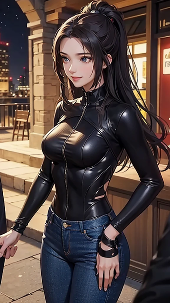 High detailed, 1woman, (4k), smile, long hair red, in body black suit, out body green crop suit, blue jeans pant suit, in night town,