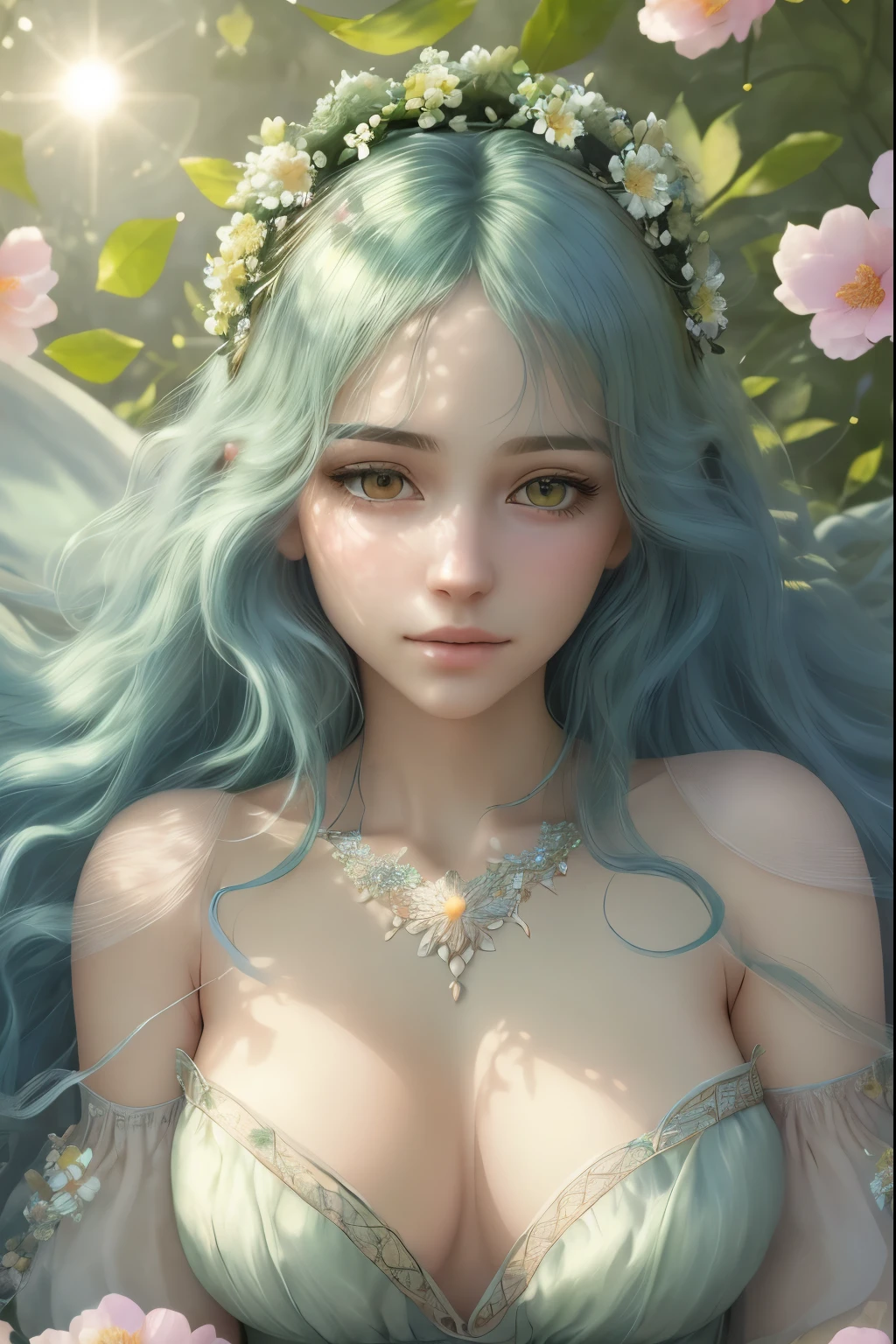 (best quality,4k,8k,highres,masterpiece:1.2),ultra-detailed,(realistic,photorealistic,photo-realistic:1.37),a girl with blue hair,laying on vibrant flowers,portraits,soft pastel colors,ethereal lighting,petals in the foreground,dreamy atmosphere,lush garden,a serene expression on her face,long flowing hair in waves,stylish floral headband,bokeh lights in the background,gorgeous feminine features,delicate flower crown,subtle sunlight filtering through the leaves,close-up shot of her mesmerizing eyes,vivid colors and intricate details,peaceful and romantic ambiance,pure and innocent appearance,long lashes and perfectly defined eyebrows,green foliage around her,sun-kissed skin,graceful and relaxed pose,a delicate sacred vibe,gentle wind blowing through the flowers,fairy-like and enchanting scene