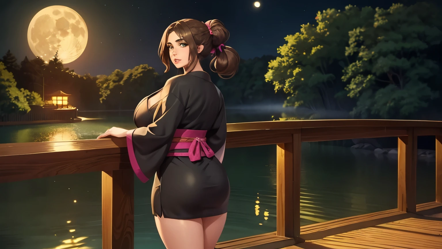 1girl, solo, long hair , looking at viewer, green eyes, large breast, thick thighs, beautiful face, beautiful eyes, black kimono, brown hair, ponytail, parted lips, forest, at night, moon light from behind, standing on a wooden bridge, full body, standing,