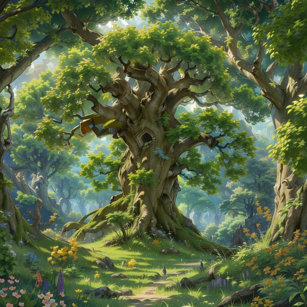 ((Create a majestic tree, a giant giant, ((OAK)), with a lush crown reaching high into the sky), (a bizarre and extensive root system, with many passages and tunnels))_((Picture in fantasy style), (motif : J. Tolkien, The Lord of the Rings), (legendary atmosphere, ancient Celts, Druids, the era of mythical dragons and knights))_((Sunny, spring day, blue sky visible through thick, intricate branches), (spring flowers), (fantasy ), (green leaves))_((Intricate and complex system of roots), (tunnel-labyrinths), (Celtic runes cover a tree trunk with ornaments), (knight's shields, swords and helmets are located in the composition))_((Sunny day, (warm light), (cool shadows), (ray tracing), (caustic), (fill light), (backlight), (midday))_((Stylized image, animation style), (clear graphic design, color fill) , (three-dimensional visualization simulating comics, anime), (Unity), (unreal engine), (Riot games), (Blizzard))_((Highest quality, masterpiece, best execution), (award-winning work), (special attention to details, compositional elements, overall proportions ((epic ancient oak, in the spotlight)))_ ((Soft clear shapes, broad strokes, attention to detail))_((High quality, 16K | Ultra HD | Full HD)).