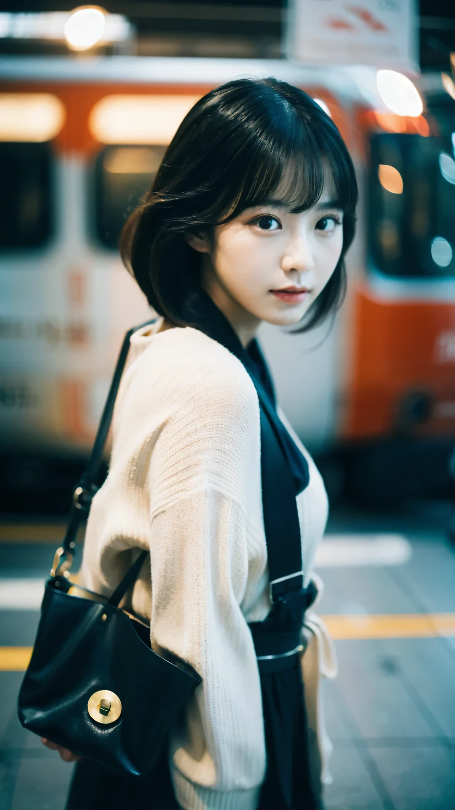 Cinematic Photo of a beautiful Korean fashion model bokeh train