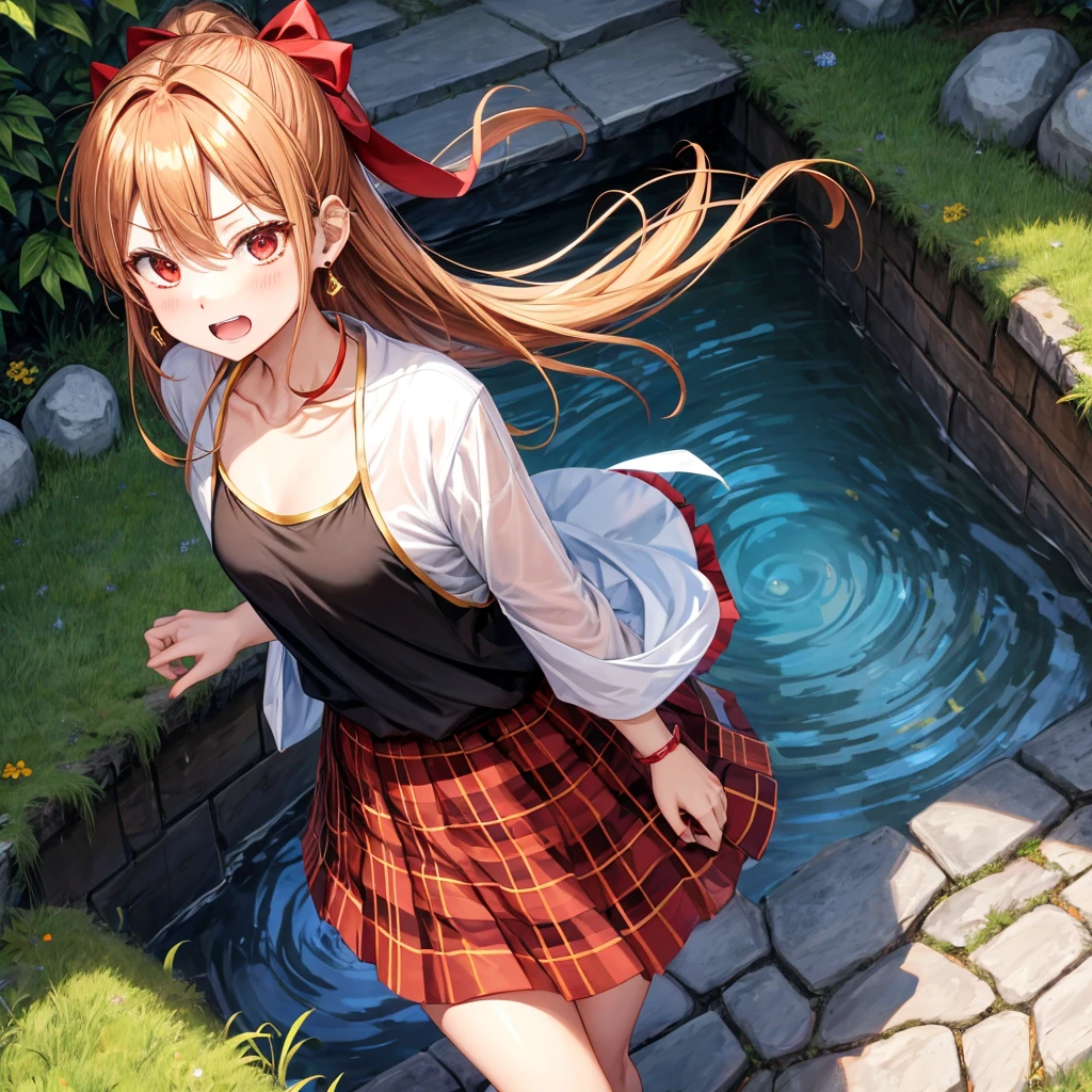 Brown, red, gold, golden hair、red eyes、one good looking girl、solo、anime、plaid mini skirt、black camisole、black t-shirt、hoodie、wearing a ribbon、ribbon at waist、Crystal Earrings、treasure石のネックレス、Light and shadow、Tilting face、teeth are visible、pillar、evil looking face、Kuroko、Diamond dust、grassland、Water running down the stairs、overflowing、Ants are walking、sulking、is increasing、treasure