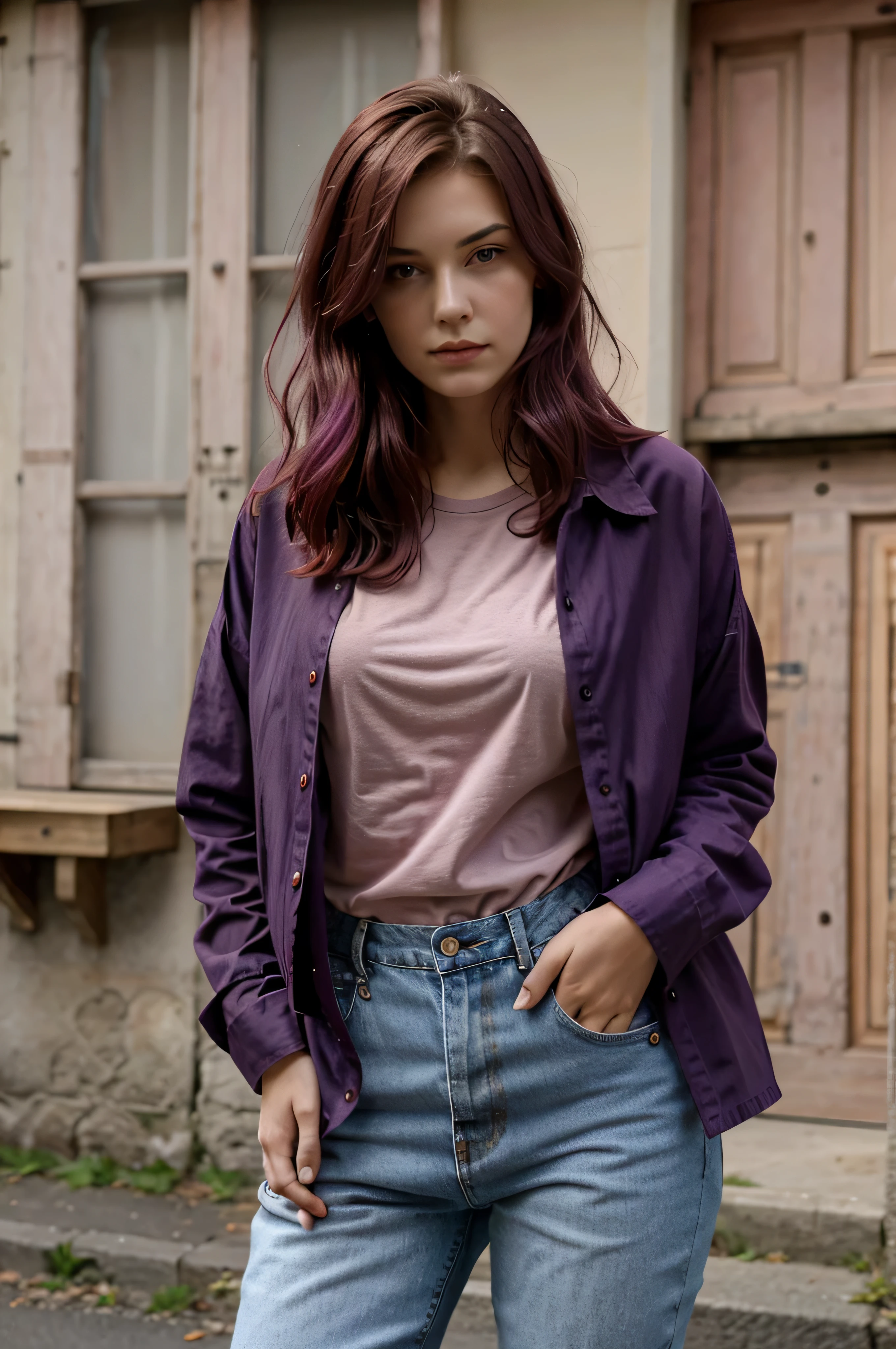 La jeune fille de 20 ans au cheveux tres long violet et rose, habiller en tshirt, veste, pulle, tenue vetue, pentalon rouge, jean rouge en rouge rouge rouge rouge rouge rouge en exterieur