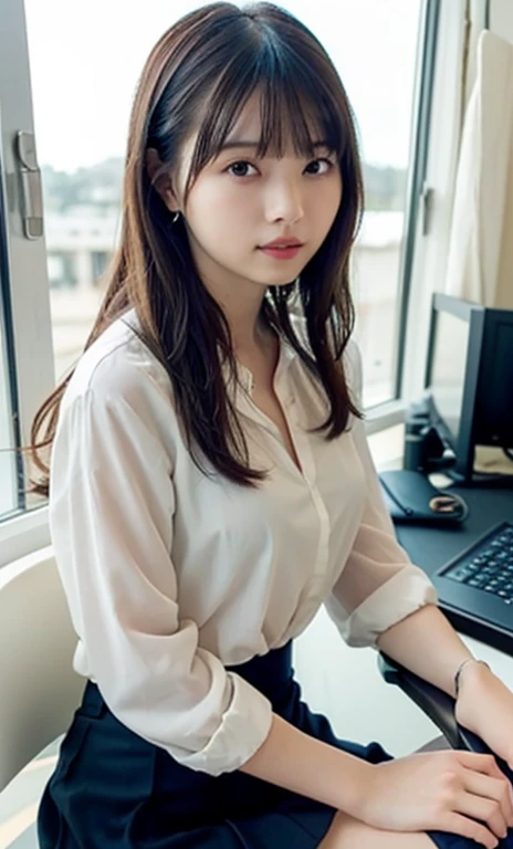 masterpiece、highest quality、16K、High resolution、UHD，Depth of the bounds written、very detailed、soft light、professional lighting、Pale shading、Weak contrast、Japanese、beautiful girl、Slender woman、daytime office、Window seat、sitting in front of the computer、A tight pastel colored see-through blouse that clings to the breasts、navy pleated skirt、micro mooth and beautiful thighs:1.6）、(small breast:1.0)、Faint cleavage、fine and beautiful eyes、（hanging eyes）、（thin eyebrows）、（thin lips）、gentle smile、(long wavy hair、high ponytail),(The bangs are see-through bangs)、