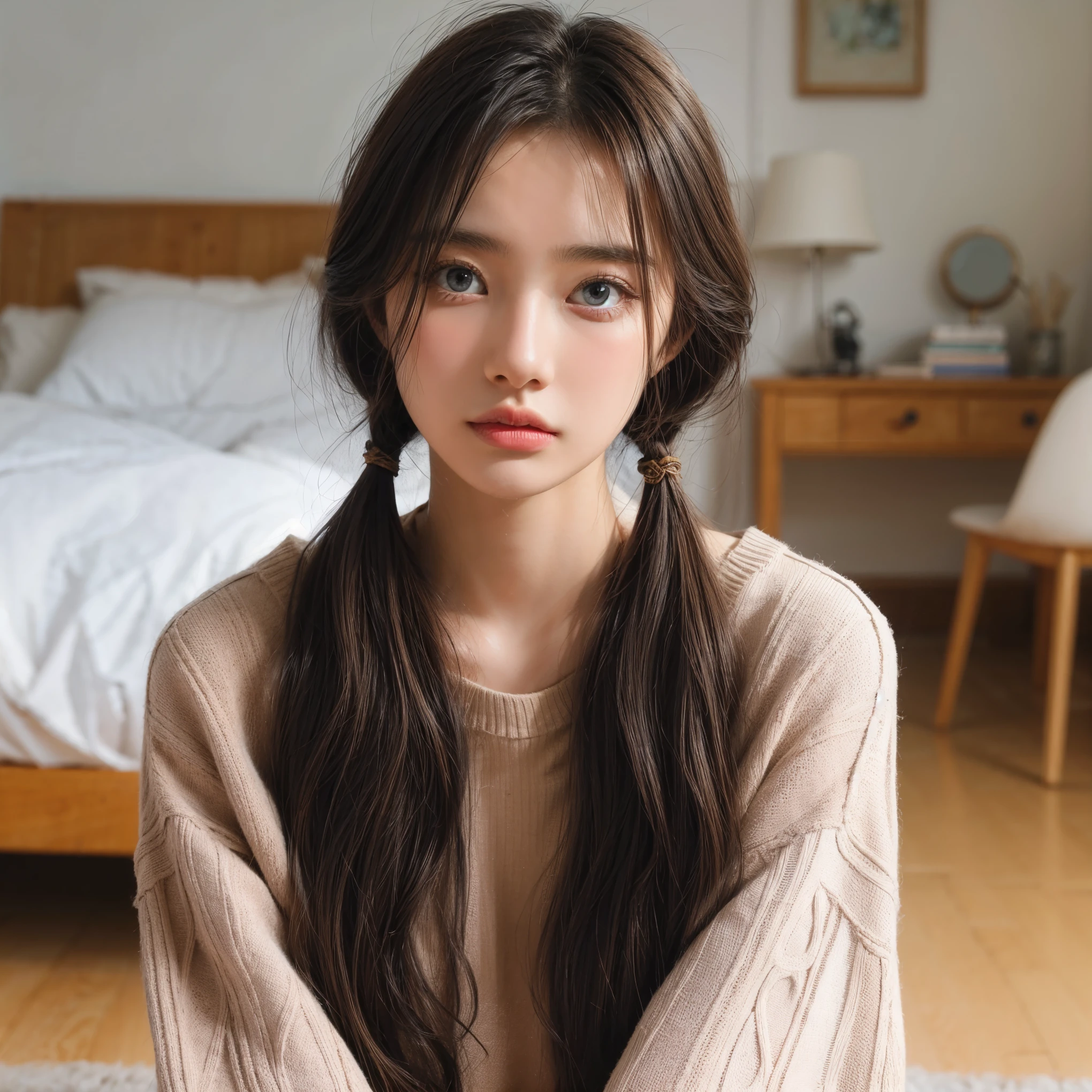 ((best qualityer)), ((work of art)), (detailded), 1 girl, om shoulder sweaterstraight haired girl with a ponytail and slanted eyes talking angrily to 16 year old boy real people bro,