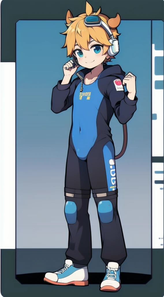 Second dimension boy,One-piece mountaineering suit,horns,cow ears,Put the headphones on your head,stood up,goggles,sports shoes,Slim,Smile