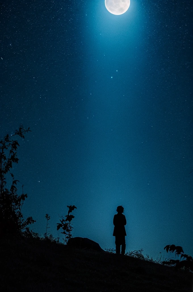 highest quality,big moon and shadow,A silhouette of a person can be seen against the background of the big moon.,There is one full moon,There is a mood,beautiful scenery,starry sky
