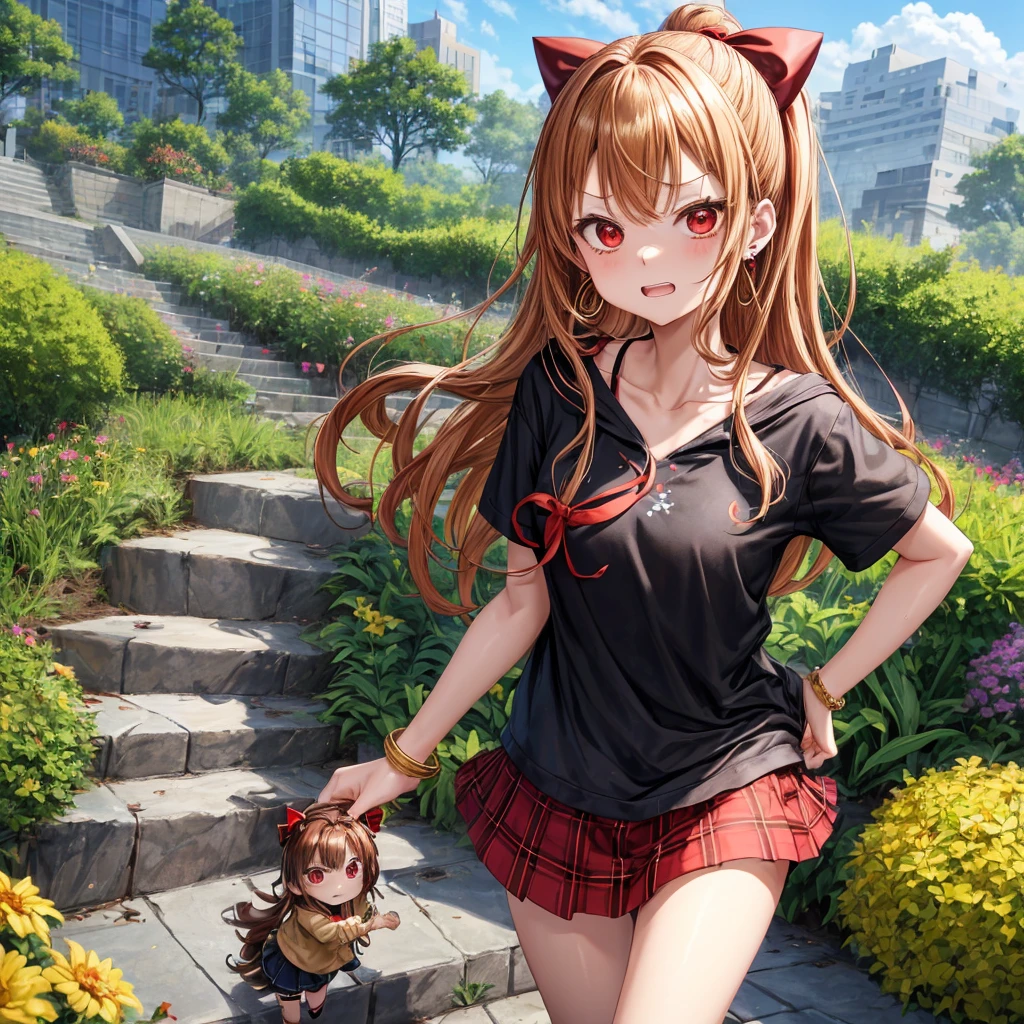 Brown, red, gold, golden hair、red eyes、one good looking girl、solo、anime、plaid mini skirt、black camisole、black t-shirt、hoodie、wearing a ribbon、ribbon at waist、Crystal Earrings、treasure石のネックレス、Light and shadow、Tilting face、teeth are visible、pillar、evil looking face、Kuroko、Diamond dust、grassland、Water running down the stairs、overflowing、Ants are walking、sulking、is increasing、treasure