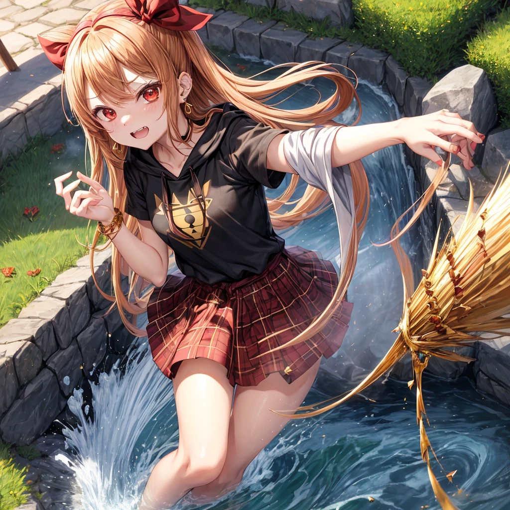 Brown, red, gold, golden hair、red eyes、one good looking girl、solo、anime、plaid mini skirt、black camisole、black t-shirt、hoodie、wearing a ribbon、ribbon at waist、Crystal Earrings、treasure石のネックレス、Light and shadow、Tilting face、teeth are visible、pillar、evil looking face、Kuroko、Diamond dust、grassland、Water running down the stairs、overflowing、Ants are walking、sulking、is increasing、treasure