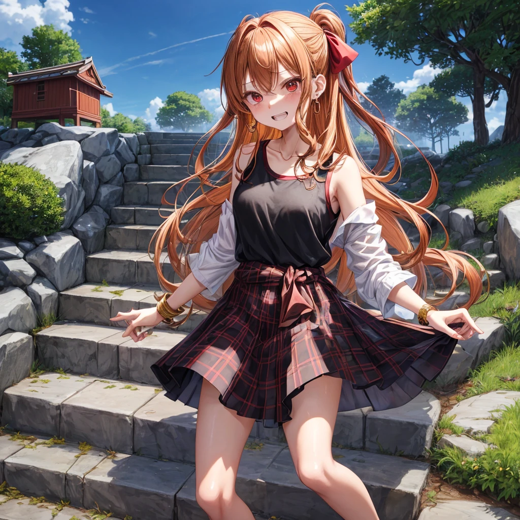 Brown, red, gold, golden hair、red eyes、one good looking girl、solo、anime、plaid mini skirt、black camisole、black t-shirt、hoodie、wearing a ribbon、ribbon at waist、Crystal Earrings、treasure石のネックレス、Light and shadow、Tilting face、teeth are visible、pillar、evil looking face、Kuroko、Diamond dust、grassland、Water running down the stairs、overflowing、Ants are walking、sulking、is increasing、treasure
