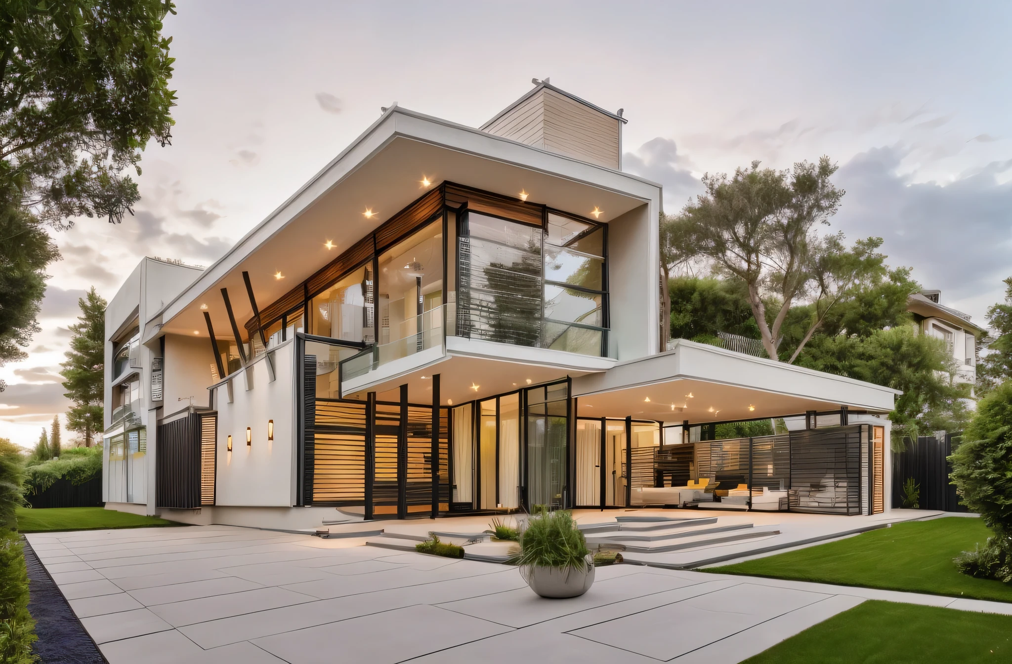 RAW photo,Masterpiece, high quality, best quality, authentic, super detail,
exterior, house style modern on the garden with white wall, glass windows, glass doors,stains, balcony, railing glass
clean line,modernism,Realistic reflexes,realistic light, beautiful summer sky, trees, grass
(day:1.1), vivid colour, vray