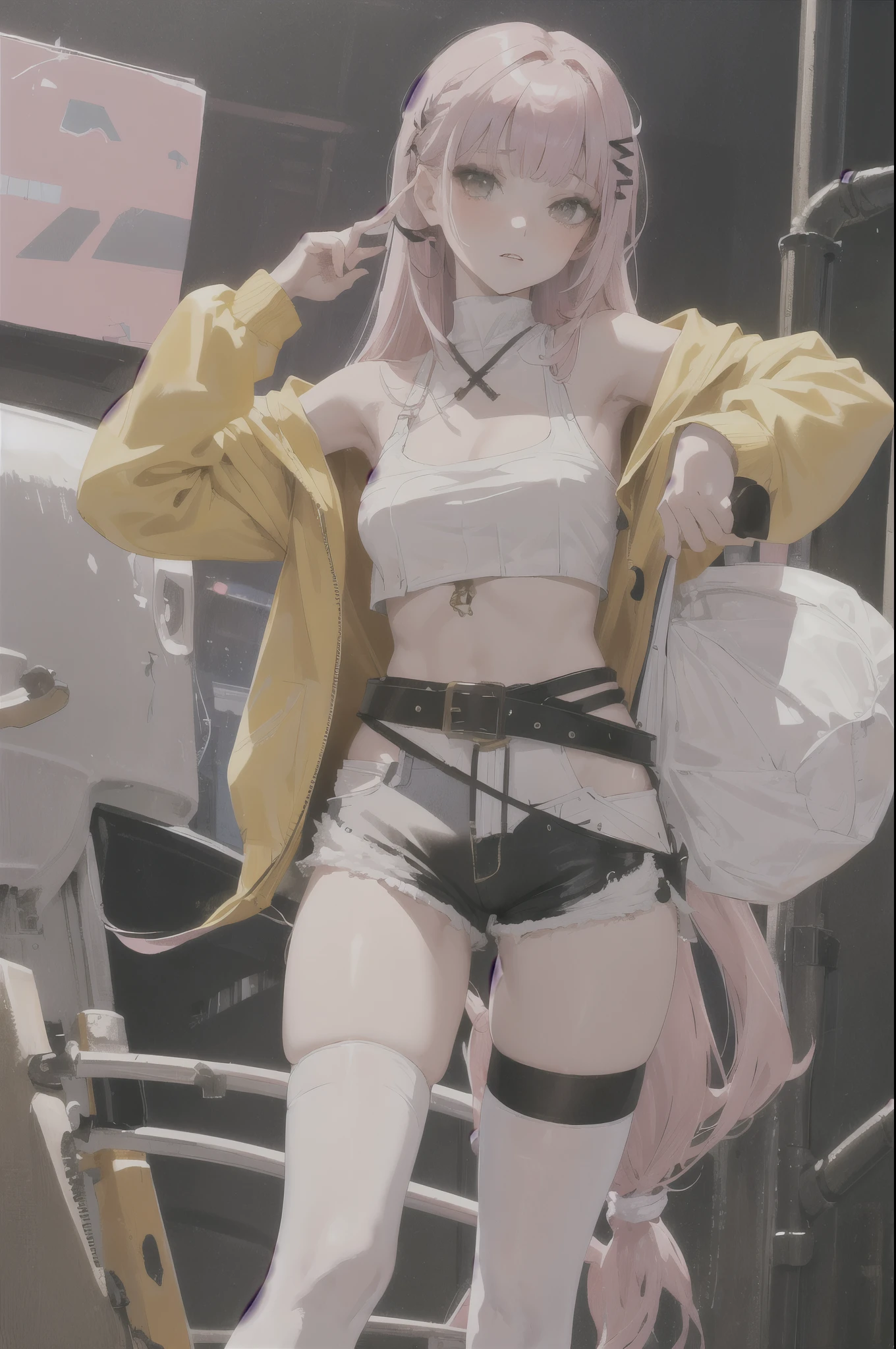 (masterpiece, best quality:1.2), 1girl, solo, shorts, thighhighs, pale skin, blunt bangs, straight hair, breasts, pink hair, long hair, white thighhighs, short shorts, hair pin, strapless, looking at viewer, black shorts, crop top, belt, yellow hoodie, bangs, bandages, large breasts, hair ornament