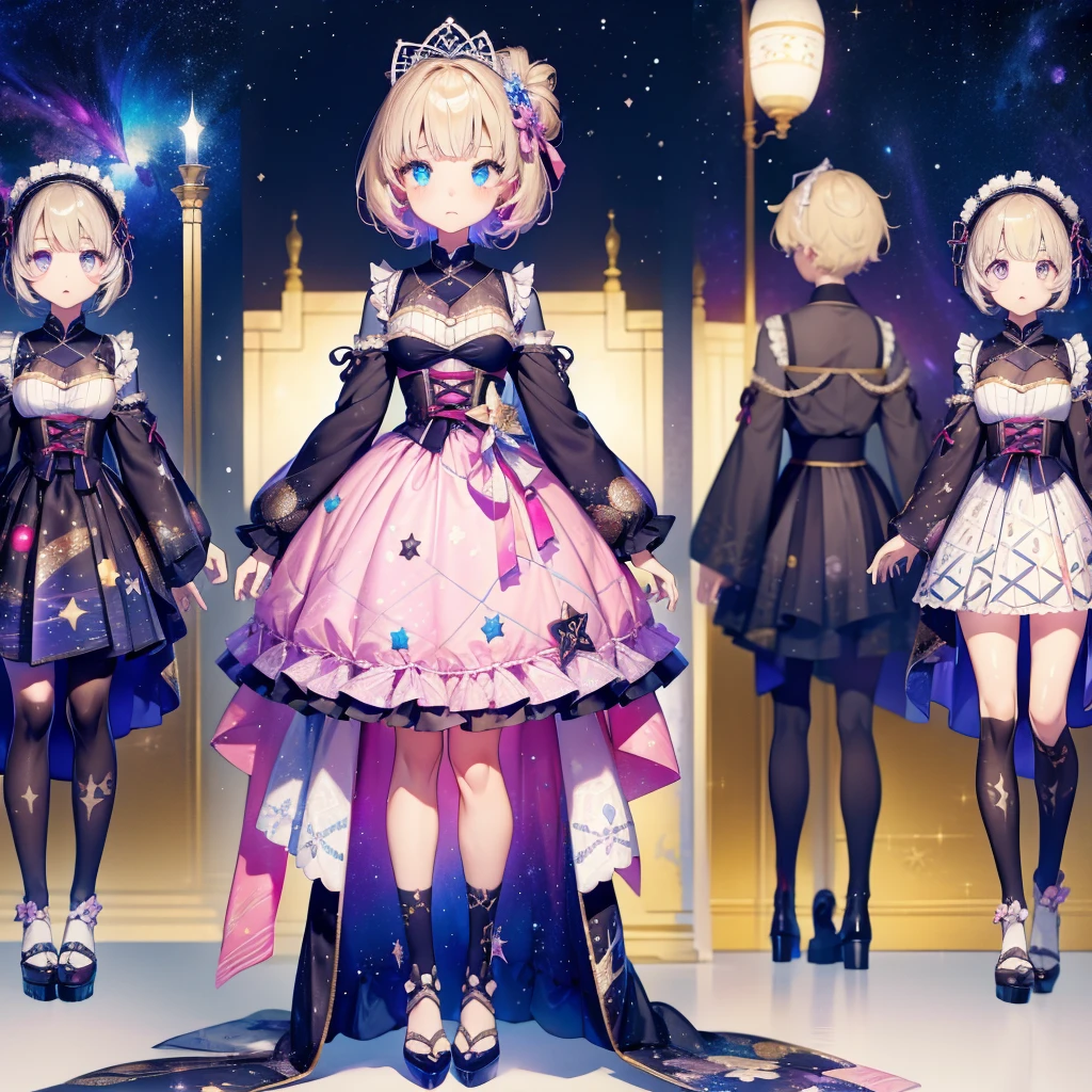 1girl、vtuber-fullbody、Star Fairy、「A beautifully printed galaxy patterned kimono and gothic lolita outfit.、Space pattern box pleated mini skirt with ruffles、Front full body portrait、enchanting eyes、Perfect and stunning face、exquisite details、clear image、highest quality。」short hair、