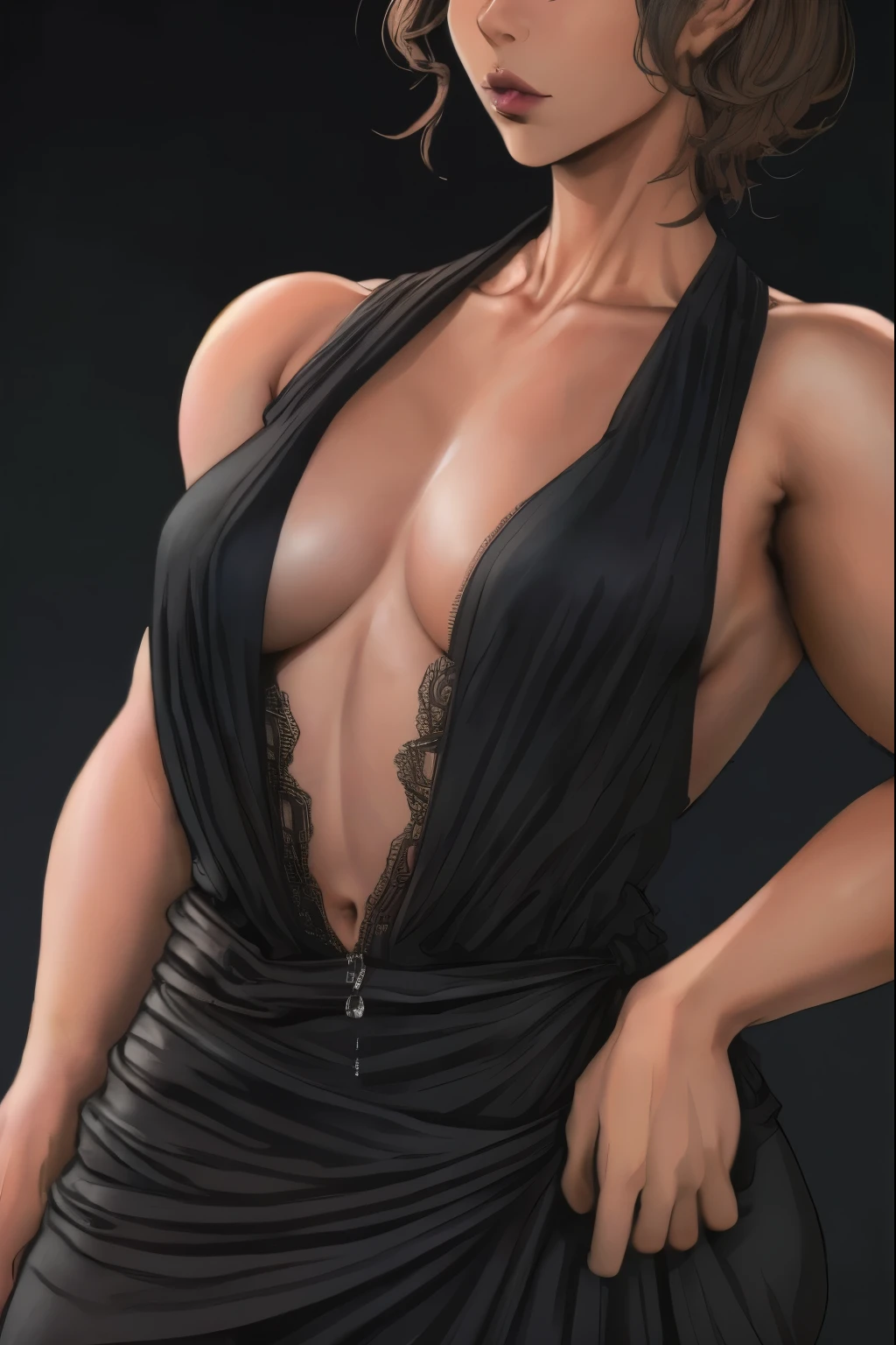 Photorealistic, mature female, (((in Italian Countryside))), (((wearing sexy little black club dress))), Detailed skin, detailed body, Natural Skin Texture, realistic skin, skin pores, intricate detail, raw photo, lifelike rendering, immersive atmosphere, chiaroscuro, moody lighting, perfect female body, ((mid shot)),