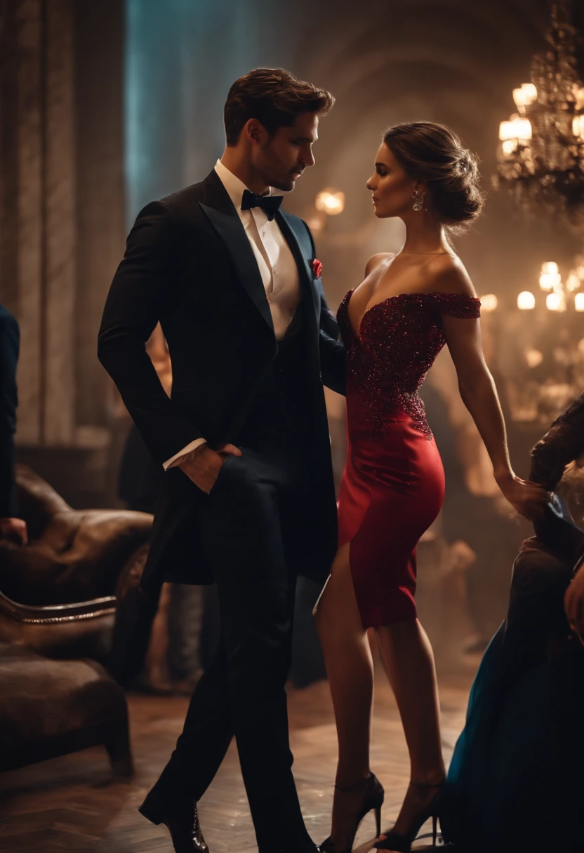 A beautiful girl on sexy gown attire black facing a handsome guy on tailored suit and pushing the other guy on top and jean away while he stood by staring at them