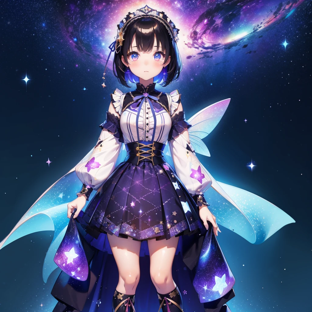 1girl、vtuber-fullbody、Star Fairy、「A beautifully printed galaxy patterned kimono and gothic ****ta outfit.、Space pattern box pleated mini skirt with ruffles、Front full body portrait、enchanting eyes、Perfect and stunning face、exquisite details、clear image、highest quality。」short hair、